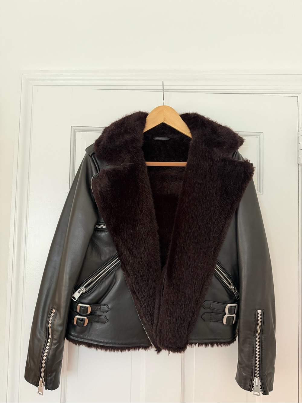 AllSaints Balfern Lux Shearling Leather Biker Jacket – Black